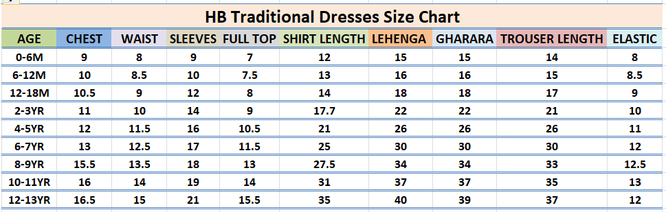 HB TRADITIONAL SIZE CHART